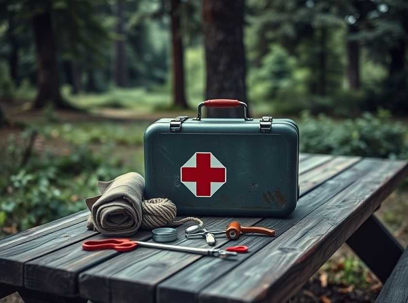 Camping gear laid out on a picnic table