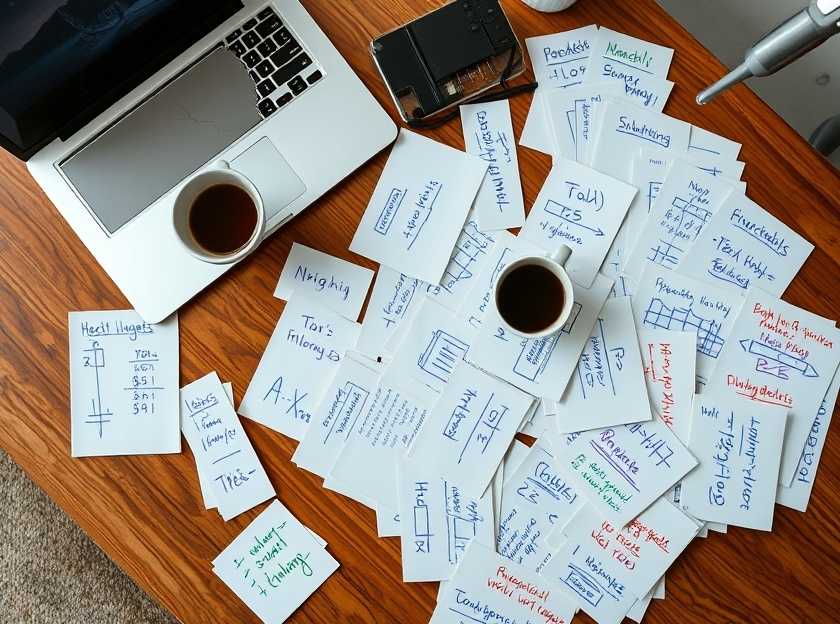 A detailed financial plan on a desk with a laptop and coffee