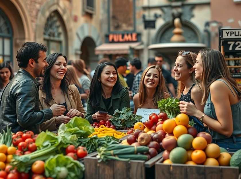 A vibrant street in Trastevere with colorful buildings and locals