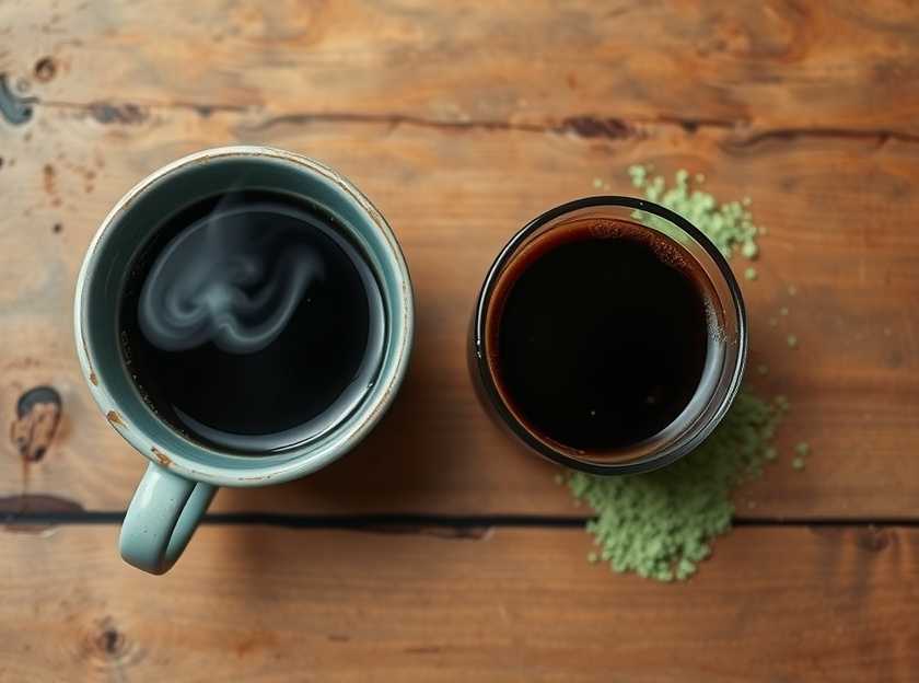 A steaming cup of coffee next to a bowl of matcha tea