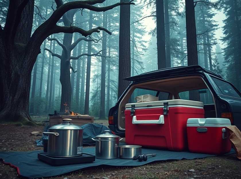 Car camping scene with a tent and campfire