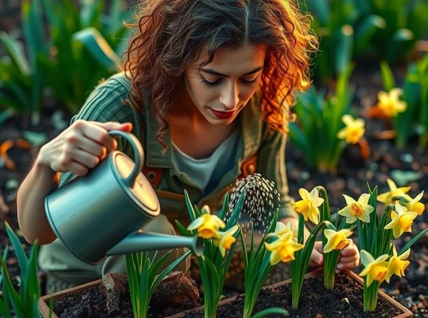 A gardener watering newly planted seedlings