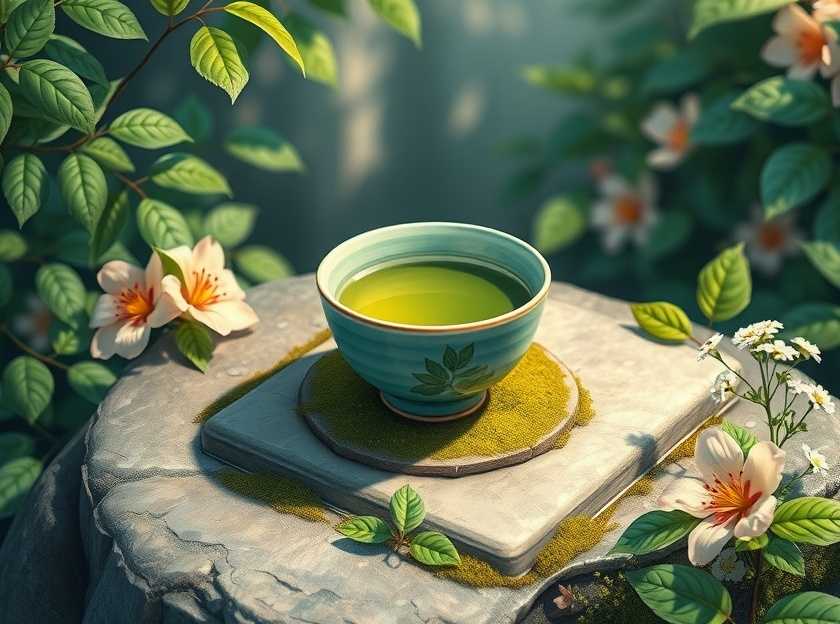 A serene setting with a cup of matcha tea and a peaceful background