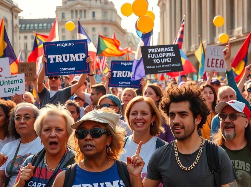 A striking image of a political rally showcasing diverse crowds