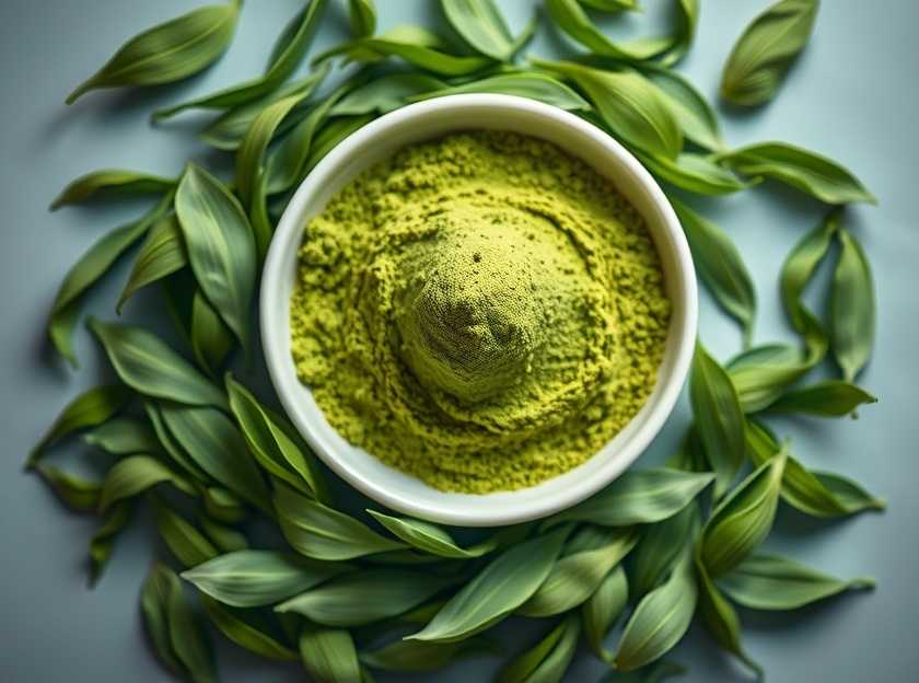 A beautiful bowl of matcha tea surrounded by fresh green leaves